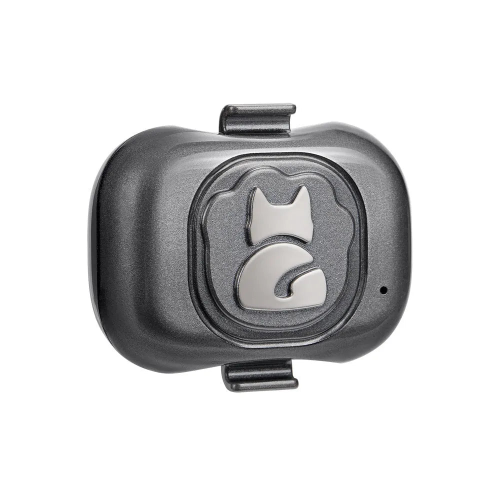 Black pet GPS tracker with hanging rope for attachment to dog or cat collars