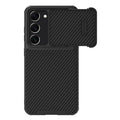 Black Samsung S23 Ultra phone case with lens push cover and carbon fibre elements