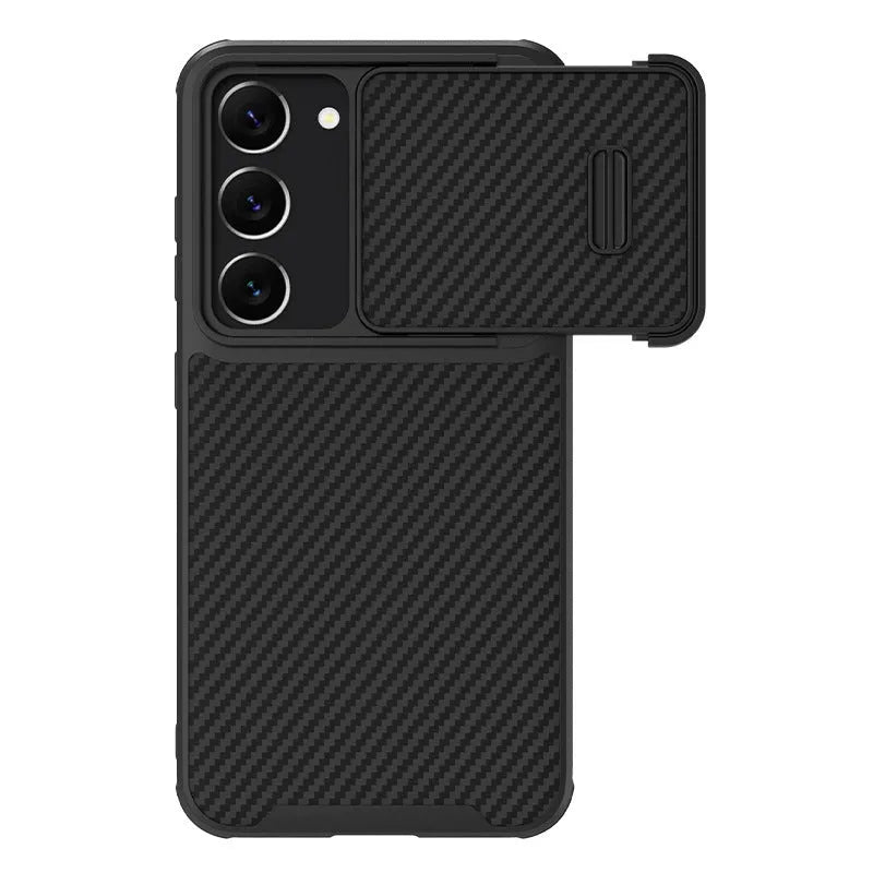 Black Samsung S23 Ultra phone case with lens push cover and carbon fibre elements