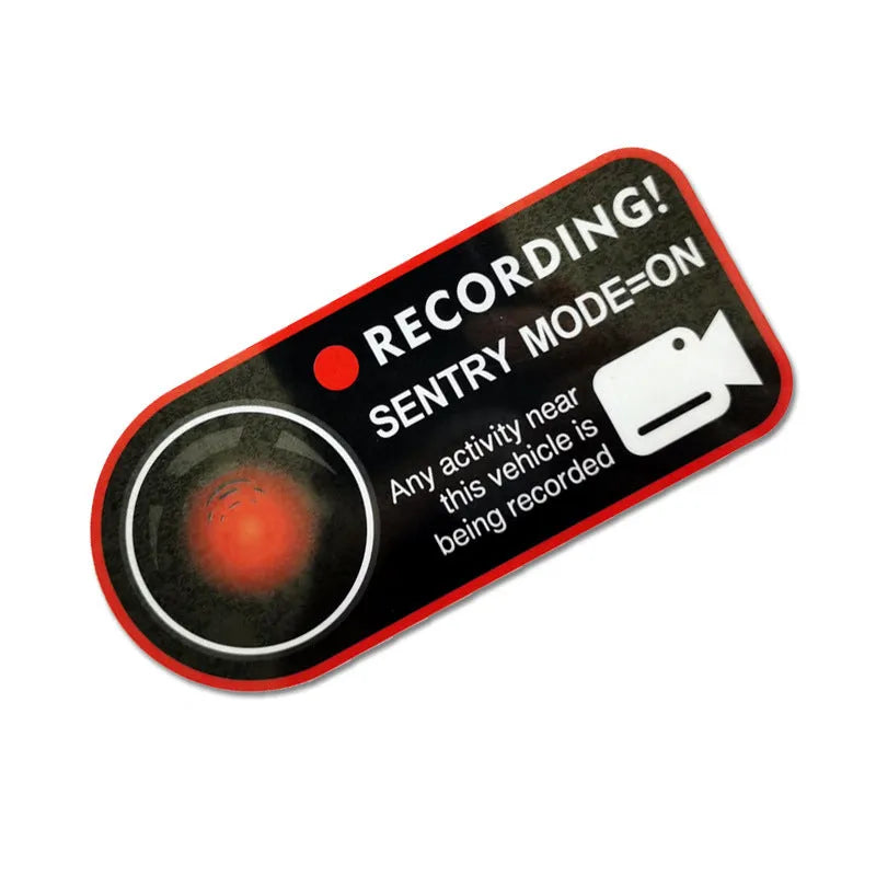 Pair of white rectangular electrostatic warning stickers for Tesla Sentry Mode, measuring 11cm by 5cm.