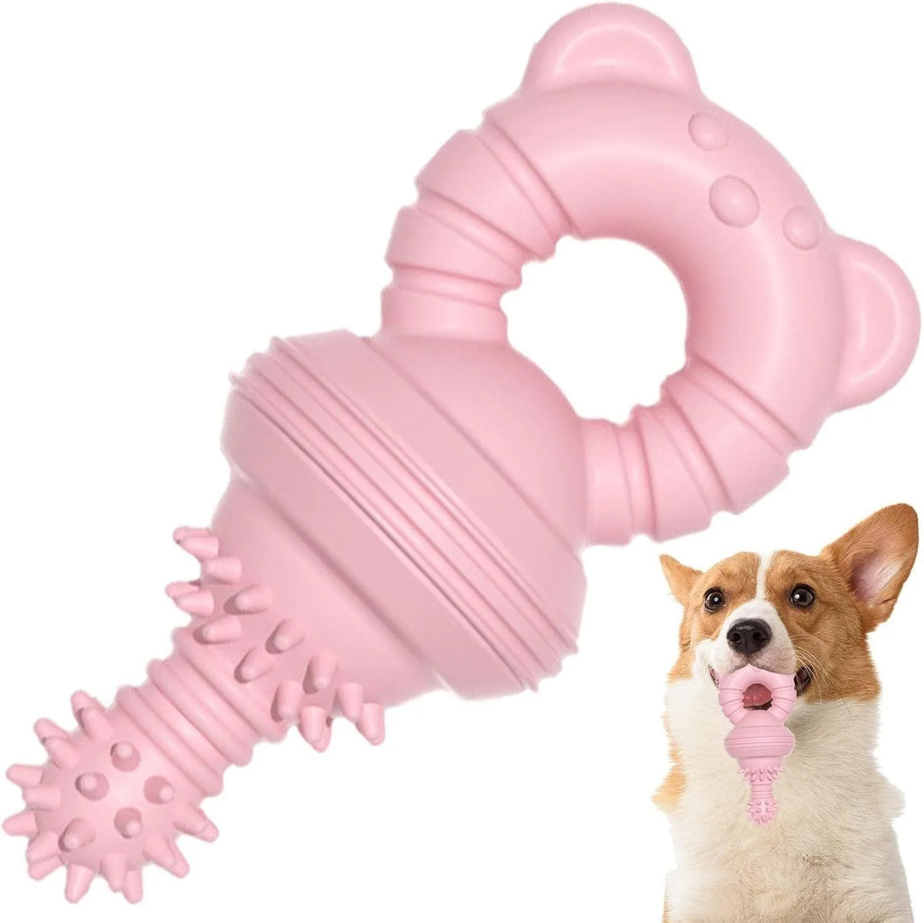 Blue rubber dog chew toy with bell and concave-convex molar design for teeth cleaning.
