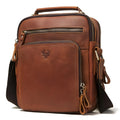 Men's brown genuine leather crossbody bag with retro style and visible stitching