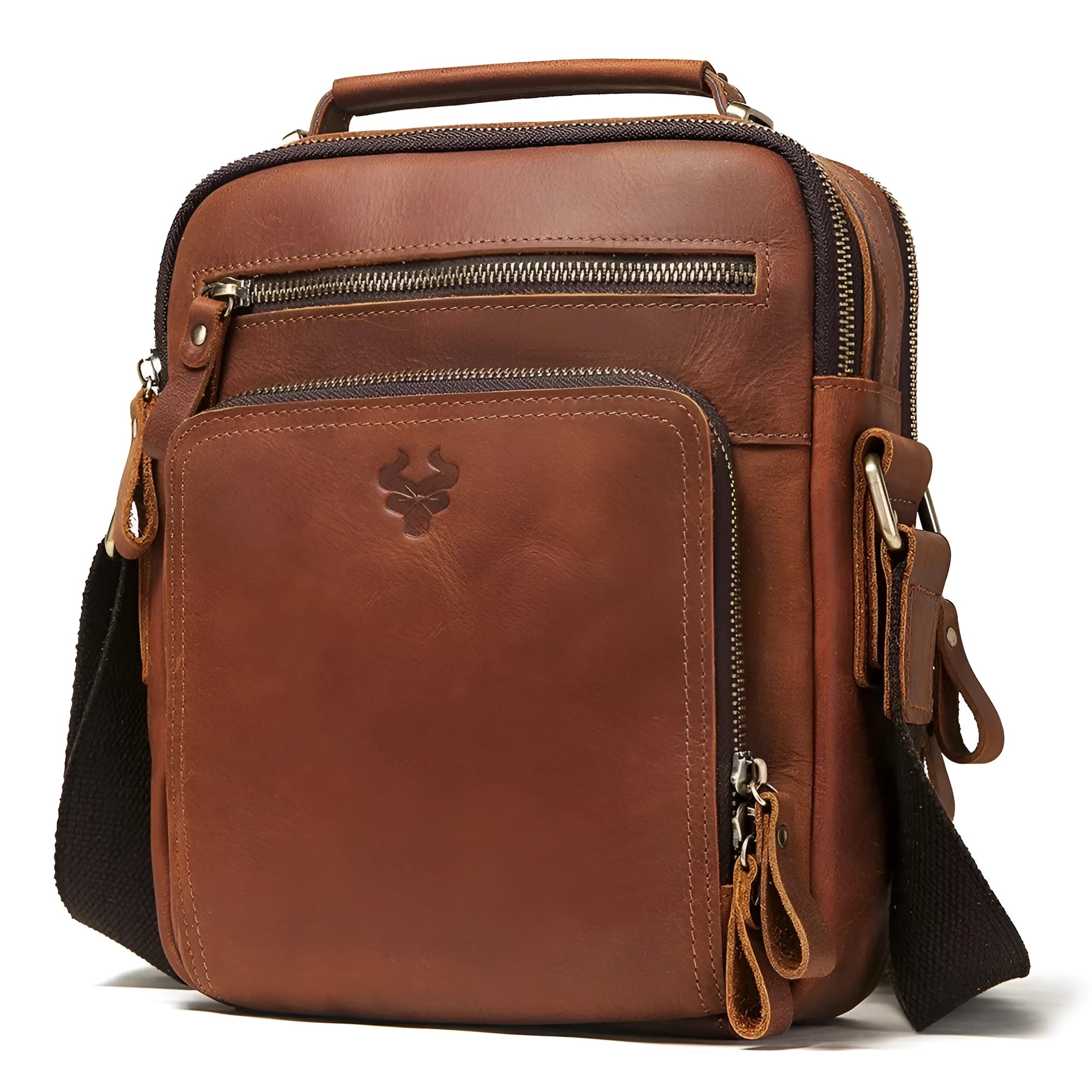 Men's brown genuine leather crossbody bag with retro style and visible stitching