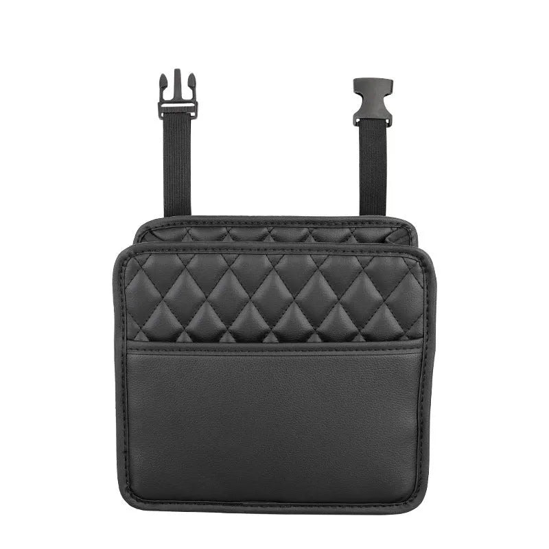 Black leather hanging storage bag for car interior organisation