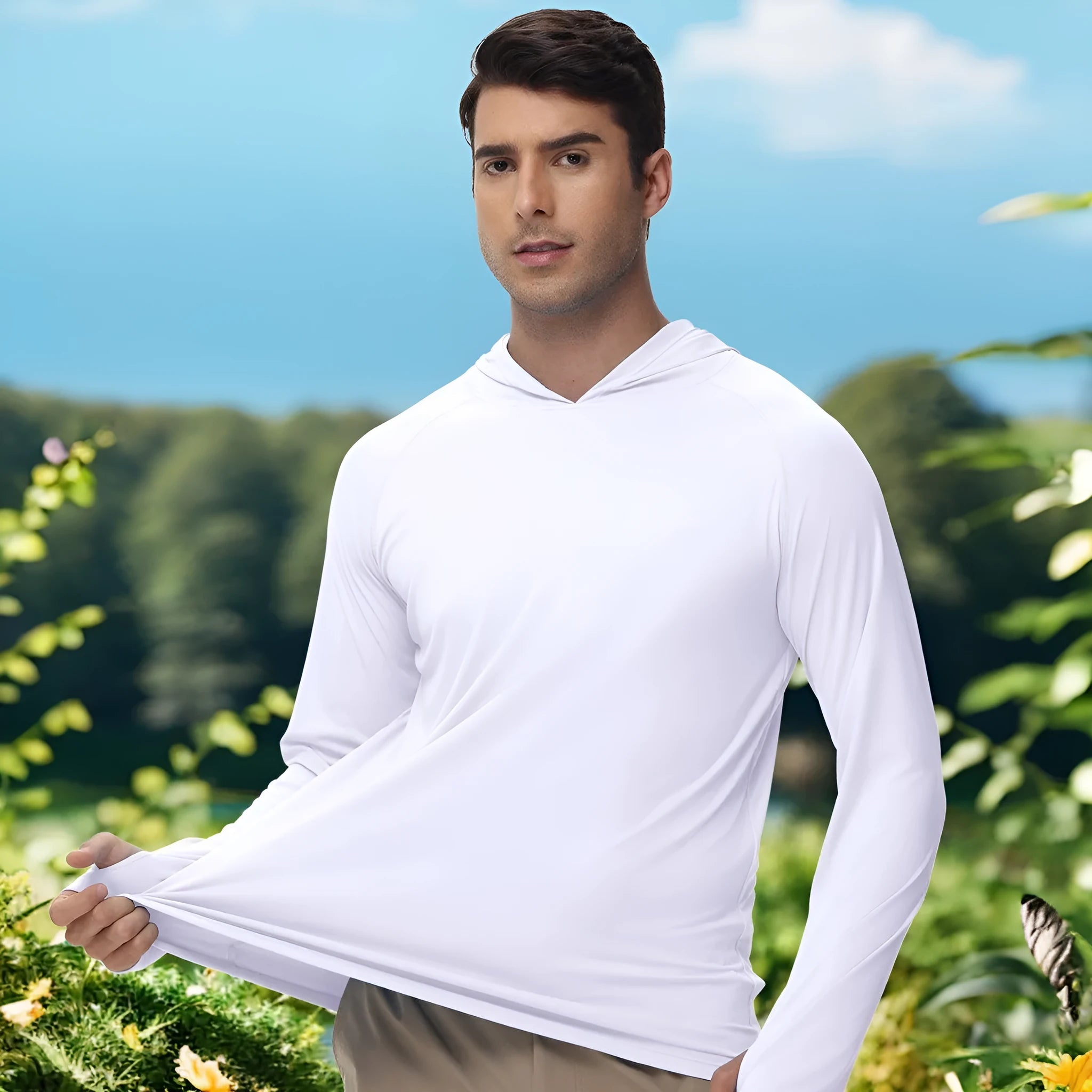 Man wearing a solid colour long sleeve hooded top for outdoor fishing or hiking.