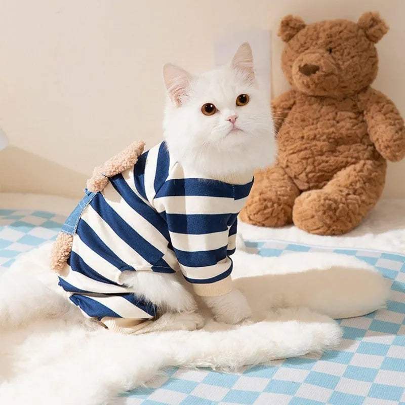 Blue striped bear four-legged pet pyjamas on a small dog with pullover round neck and long sleeves