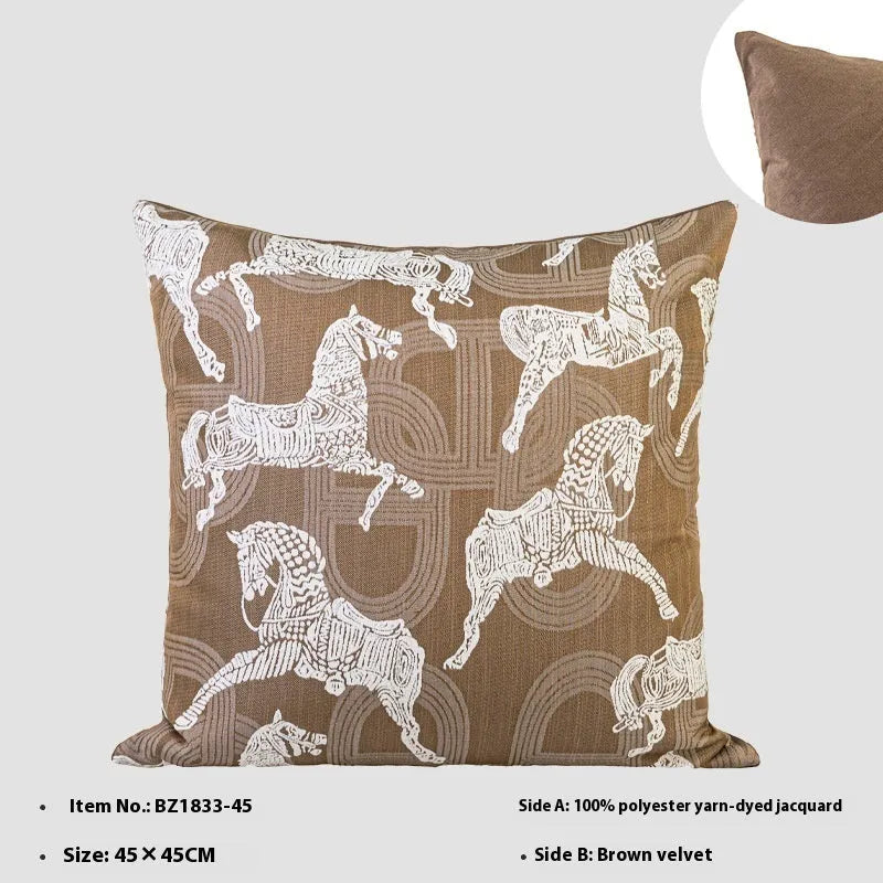 Chinese style square pillow cushion in Maillard colour on a sofa