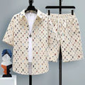 Men's casual sports two-piece set with short sleeve top and matching polyester shorts