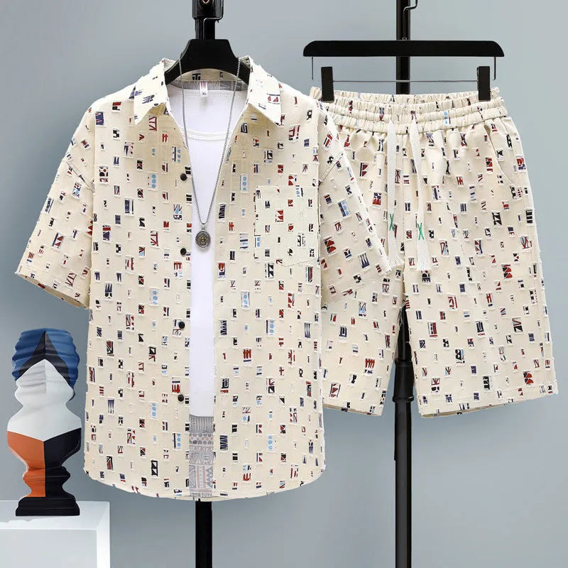 Men's casual sports two-piece set with short sleeve top and matching polyester shorts
