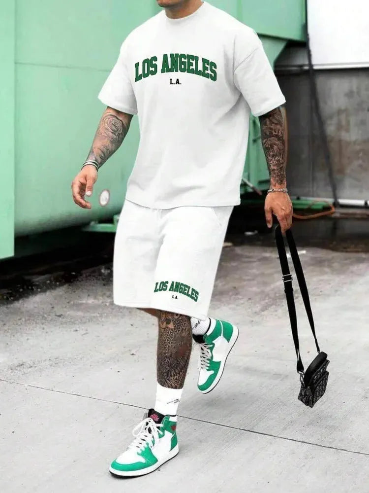 Men's black and white 3D printed letter short sleeve top and shorts suit set