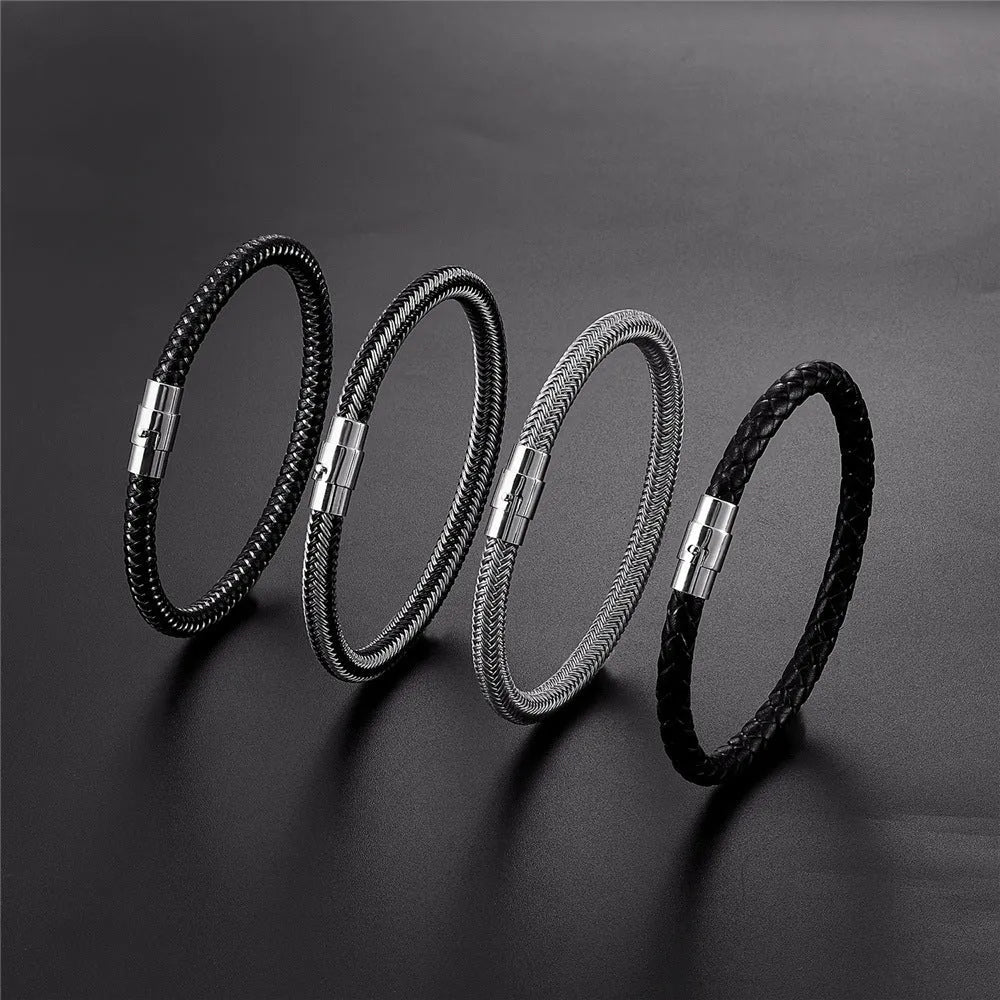 Titanium steel wire bracelet with magnetic clasp in a geometric, unisex design.