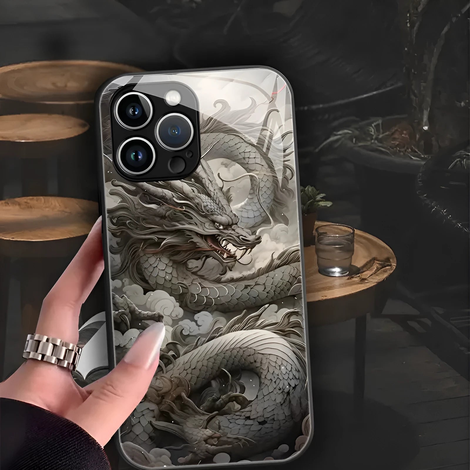 Graphite Black glass hard phone case with painted Chinese dragon design for Apple iPhone