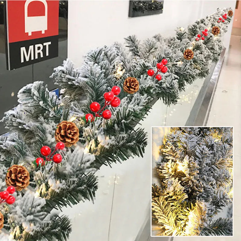 White flocked snow artificial rattan vine Christmas garland on a red background.