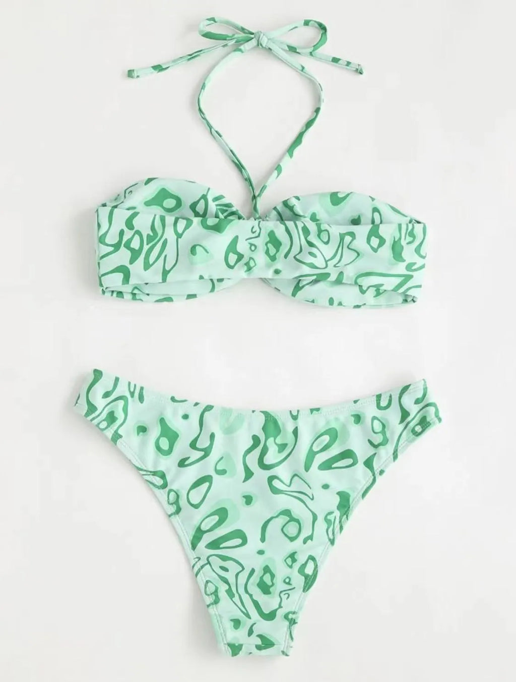 Blue floral bandeau bikini swimsuit with split high-cut legs and adjustable triangle top