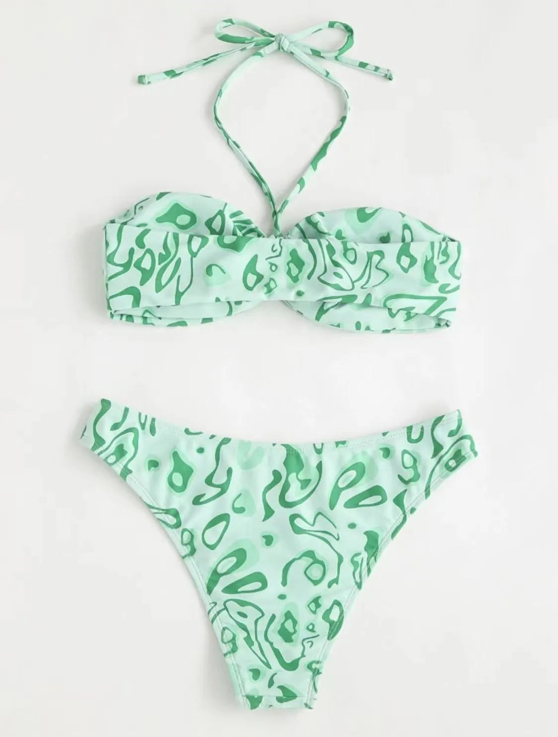 Blue floral bandeau bikini swimsuit with split high-cut legs and adjustable triangle top