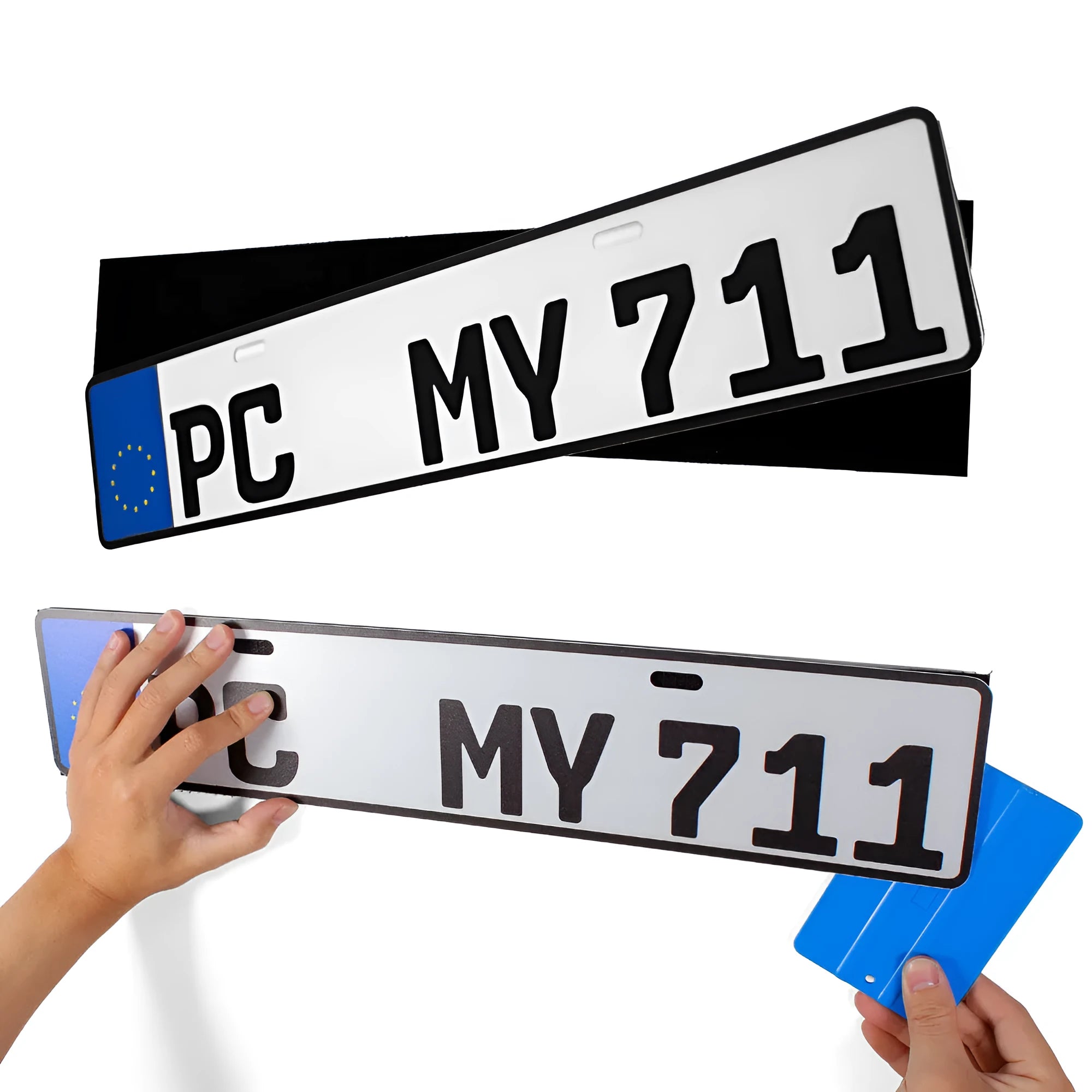 Double-sided adhesive tape for vehicle licence plates showing right-angle shape and Velcro backing