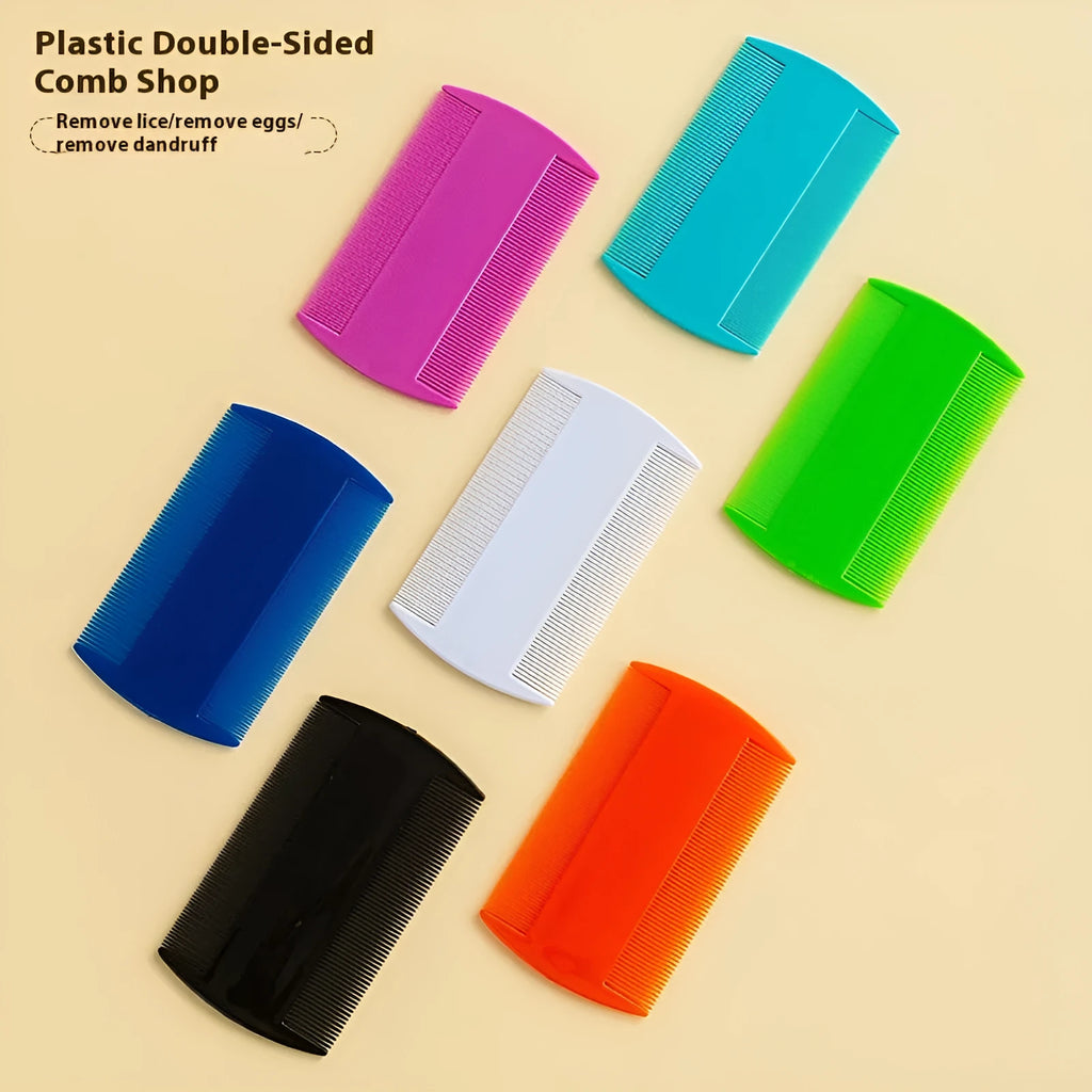 Fine teeth plastic flea comb for lice removal in various colours on a white background.