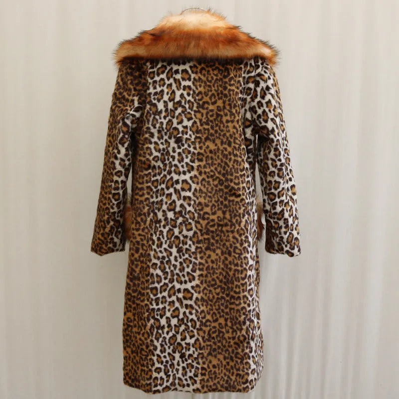 Women's long leopard print artificial fur jacket with regular sleeves and street fashion styling