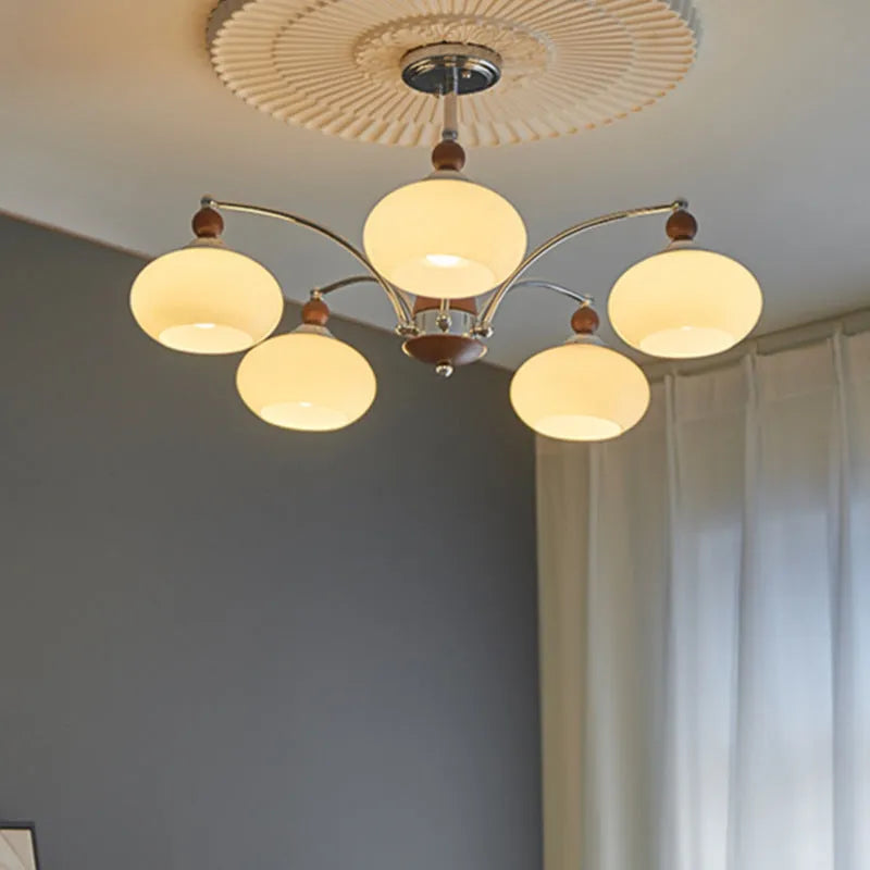 Creative persimmon glass chandelier with chrome fittings and multiple glass lampshades in middle ancient style