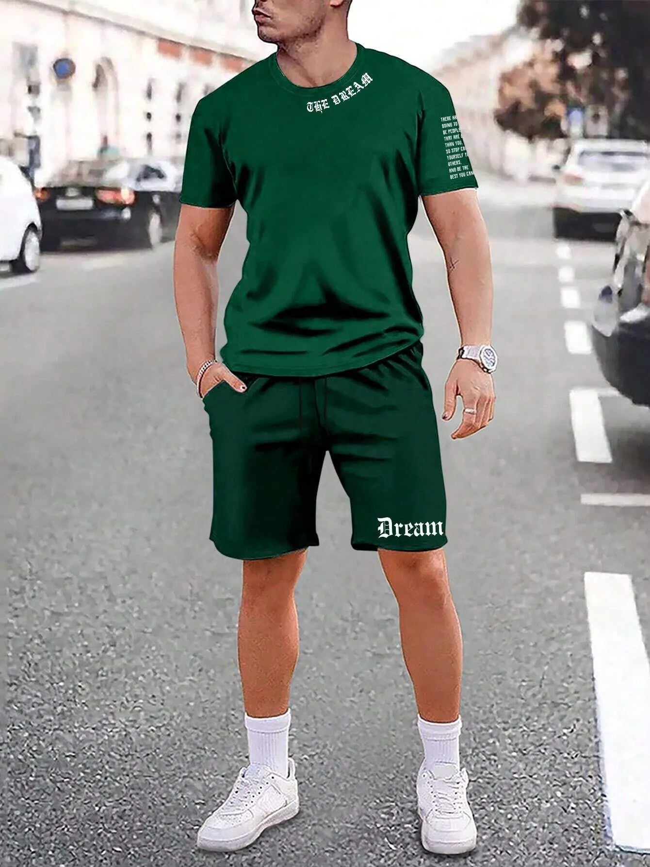 Men's sports style short-sleeved shirt and shorts set in polyester blend fabric