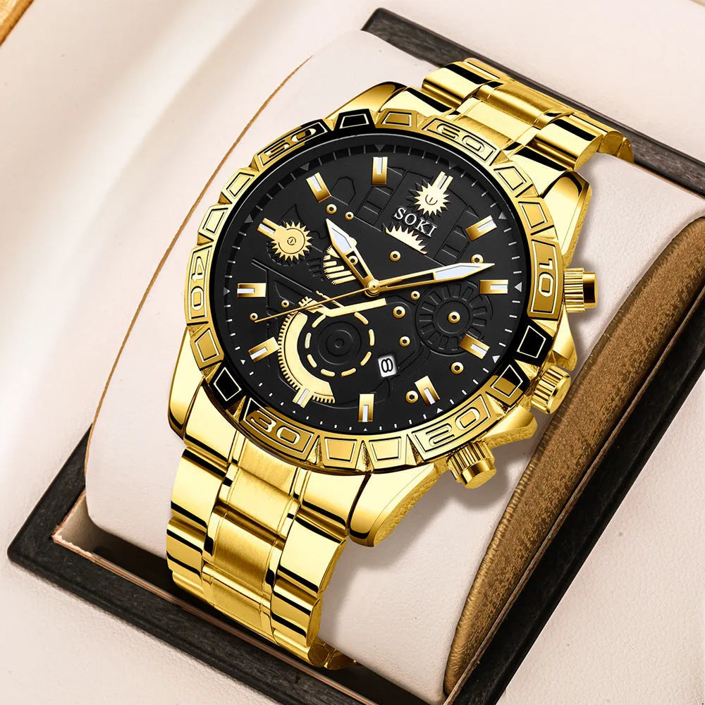 Men's gold steel business quartz watch with stainless steel bracelet on wrist
