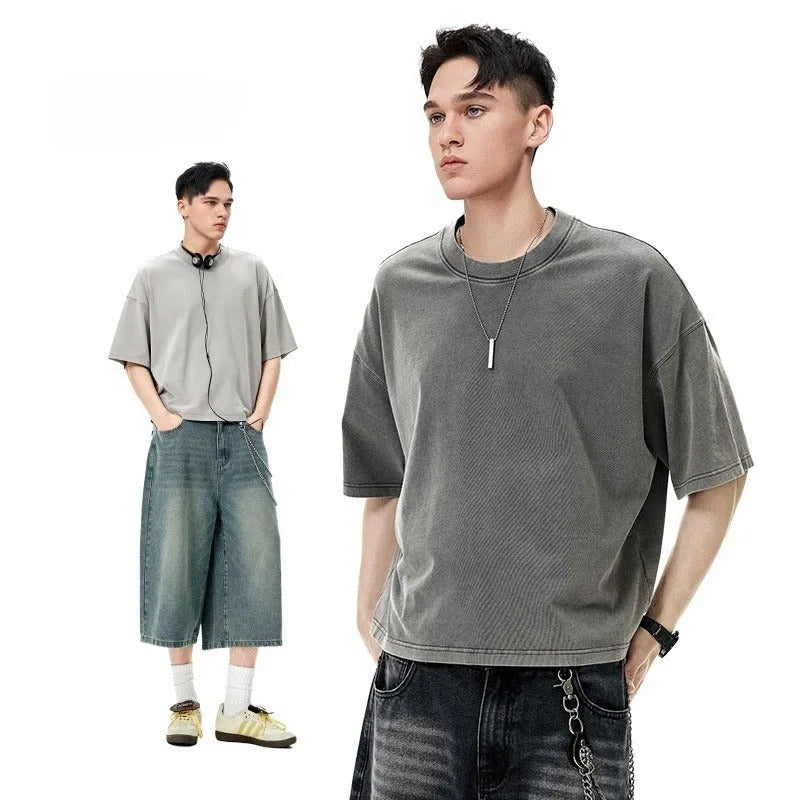 Men's loose fit cotton T-shirt in khaki colour with vintage wash texture and drop-shoulder sleeves
