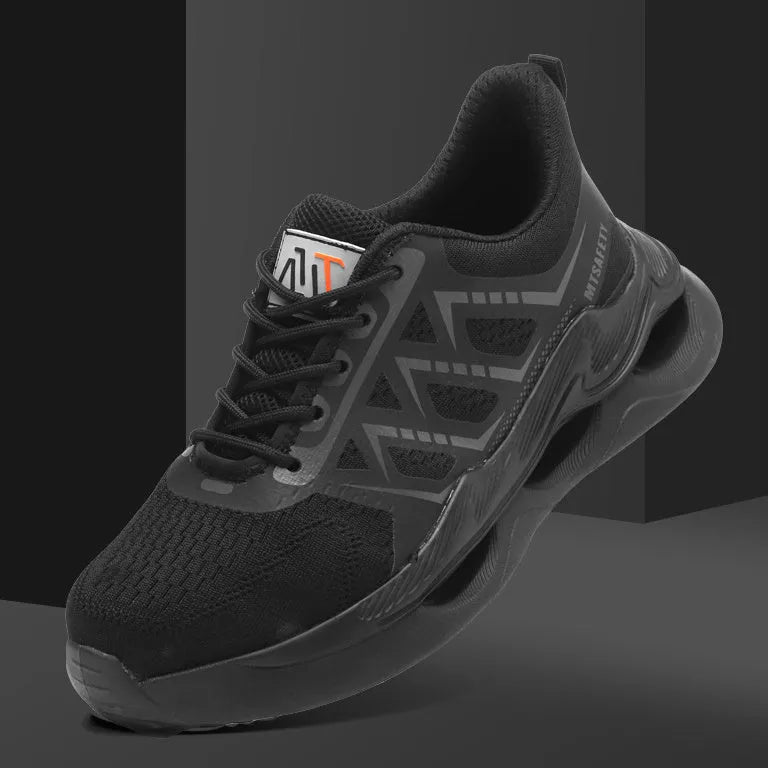Black lightweight safety work shoes with a steel toe cap, flat knitted upper, and rubber sole shown from the side.