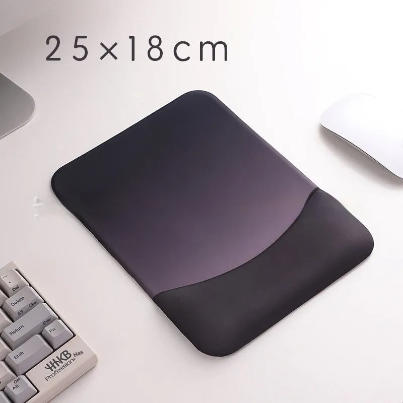 Square silicone wrist rest mouse pad with wrist strap in multiple colour options on a desk