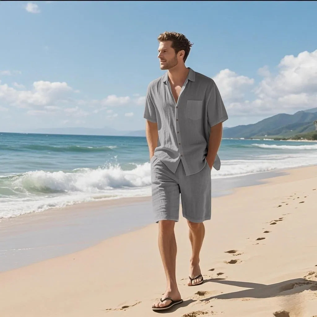 Men's linen blend short sleeve shirt and shorts casual beach set in army green.