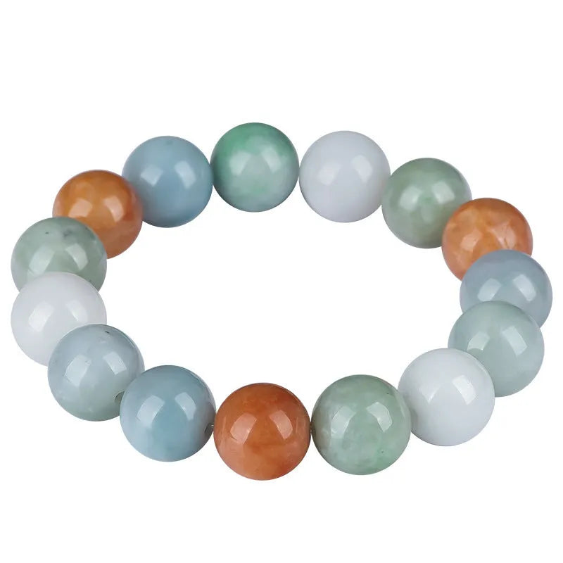 Women's natural Myanmar jade bracelet with 13mm three-colour round beads in national style
