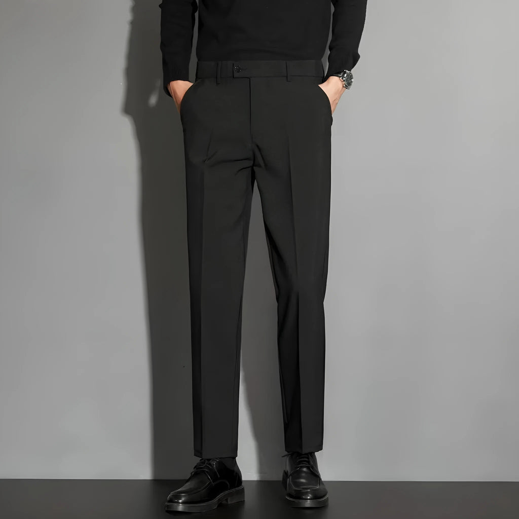 Men's straight ankle-length suit pants in a chemical fibre blend fabric, shown in multiple colours.
