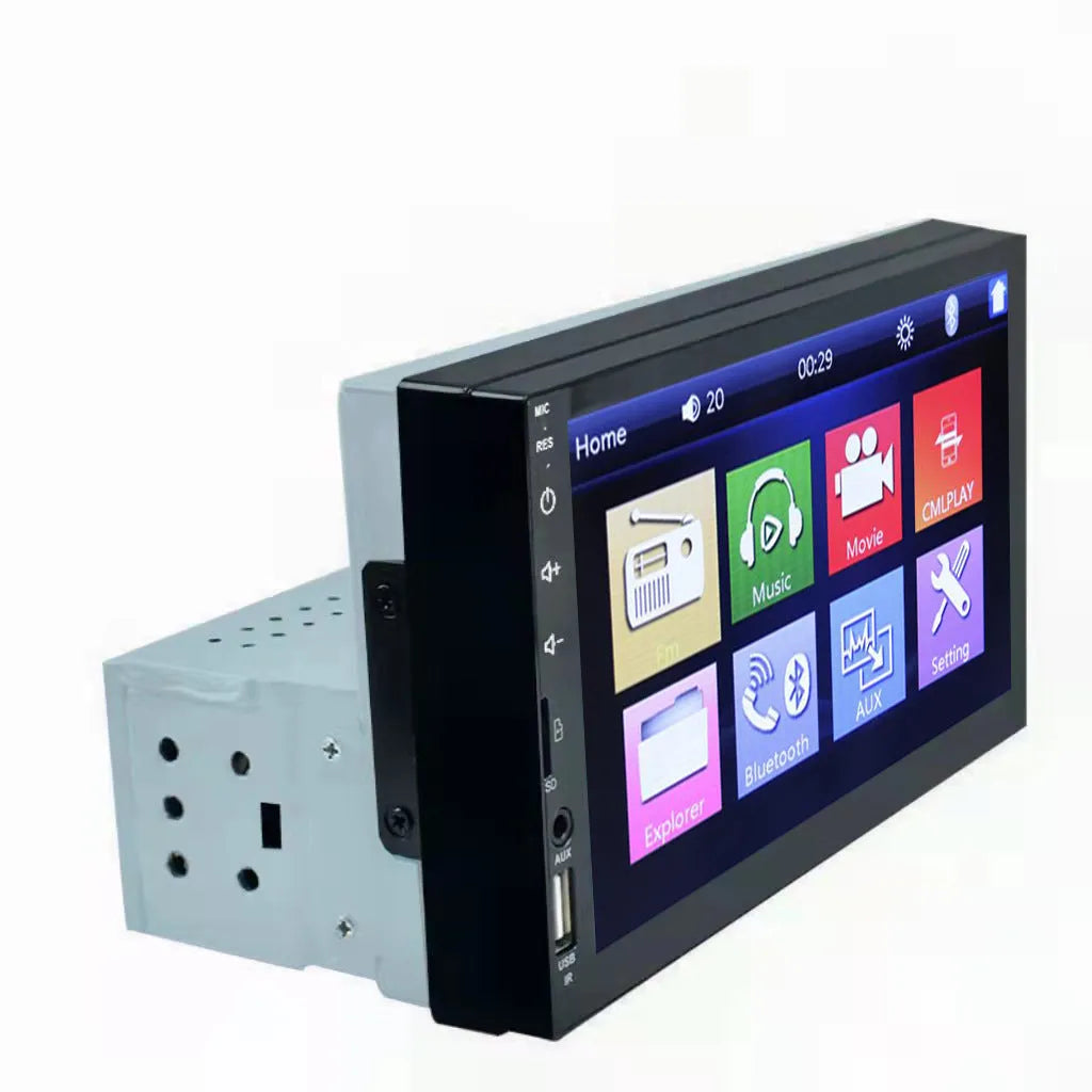 7-inch vehicle MP5 player with LED screen showing Carplay interface, wired and wireless smartphone connection option