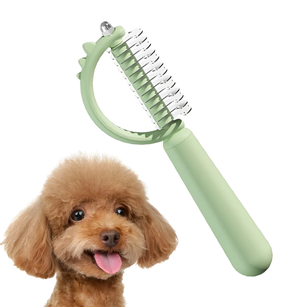 Dinosaur-shaped self-cleaning cat brush with stainless steel bristles in blue, green or white