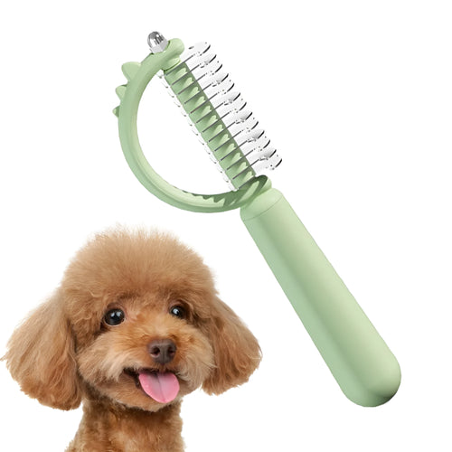 Dinosaur-shaped self-cleaning cat brush with stainless steel bristles in blue, green or white
