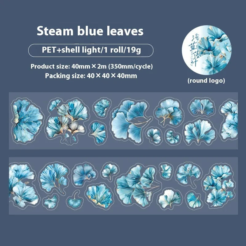 Roll of Deciduous Poetry Series 40mm wide decorative PET stickers showing six leaf designs including ginkgo and maple.