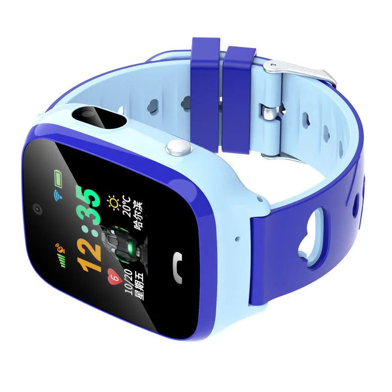 Children's smartwatch with pink silicone wristband showing HD touch screen and camera