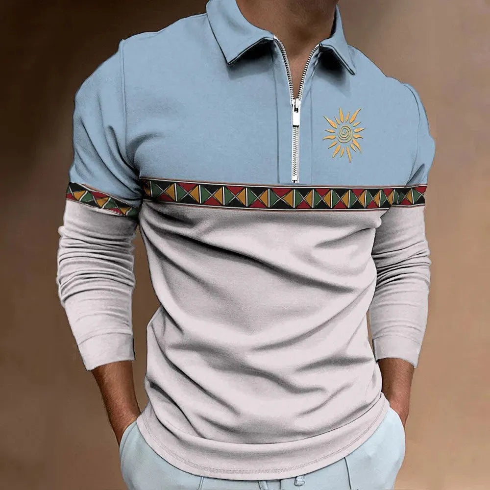 Men's retro colour print golf t-shirt with striped pattern and zipper details on long sleeve loose fit top