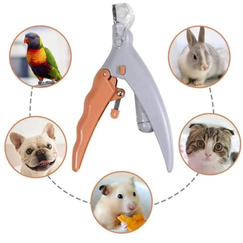 Yellow pet nail clipper with LED light and magnifying lens on a white background.
