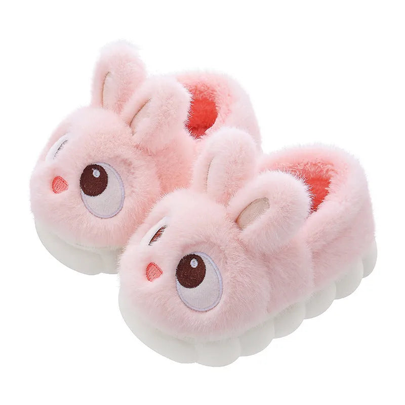 Female cartoon ankle wrap thermal cotton slippers in pink, blue, and gray options with suede upper and non-slip PVC sole