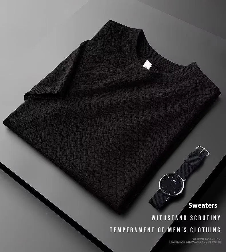 Men's ice silk T-shirt in black and white with V-neck and round neck options showing Korean-style design