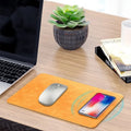 Brown leather wireless charging mouse pad with micro USB cable for desk phone charging