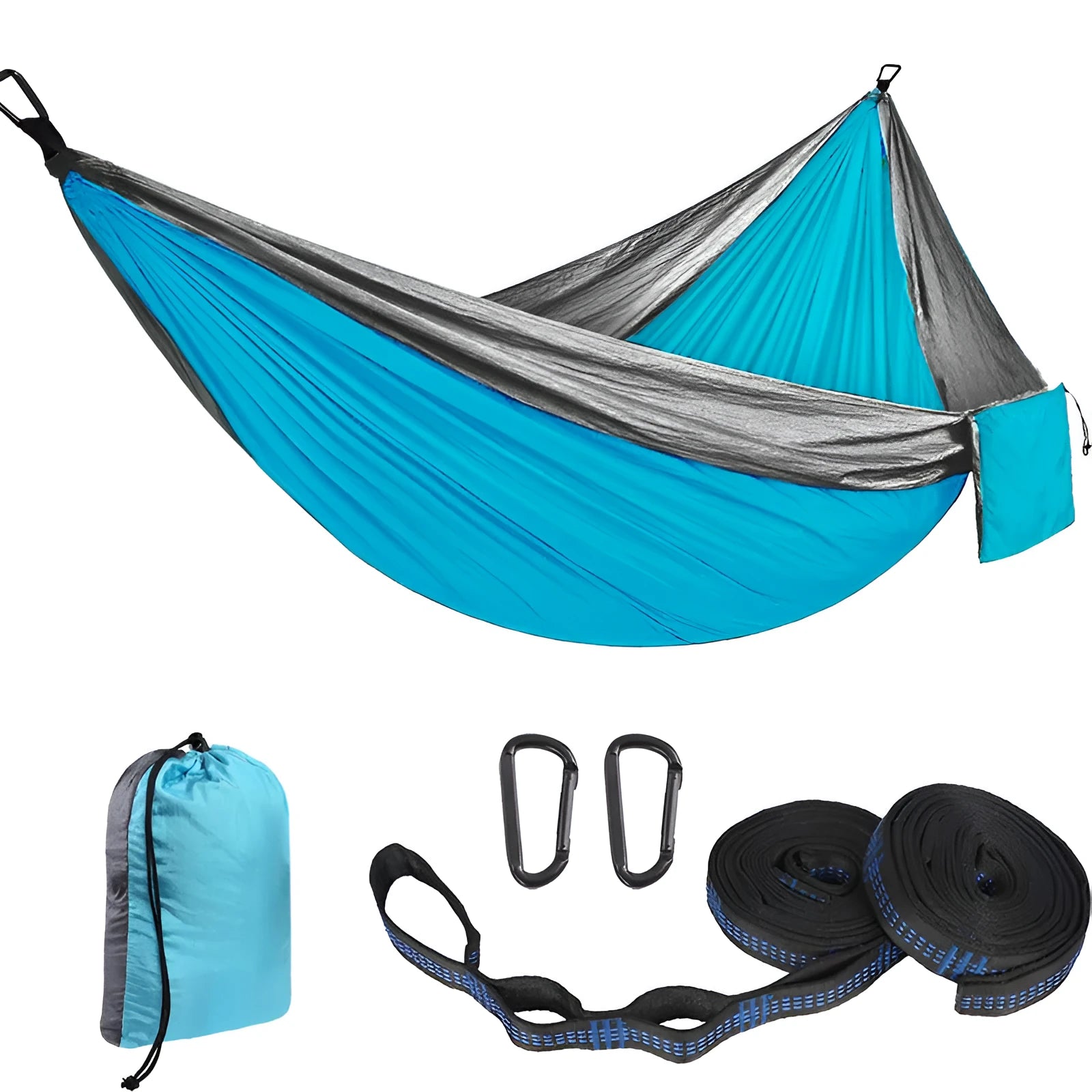 Double camping hammock with ropes and buckles shown in outdoor setting