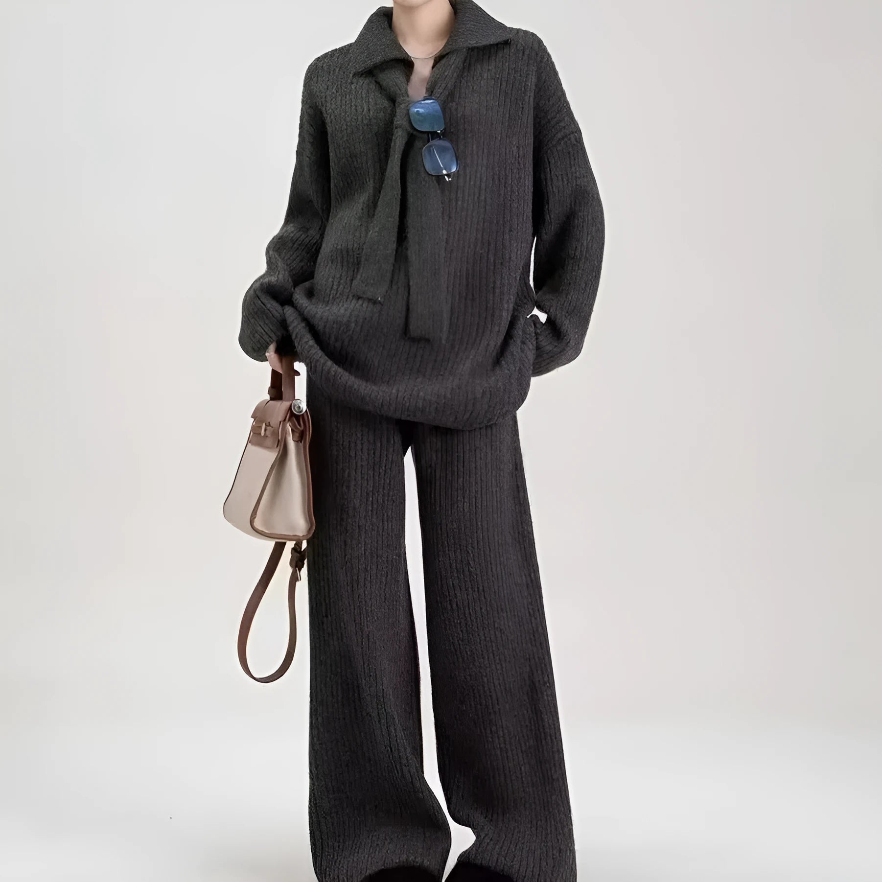 Sweater suit two-piece set with imitation cashmere fabric in beige, dark coffee, dark gray, or gray colours