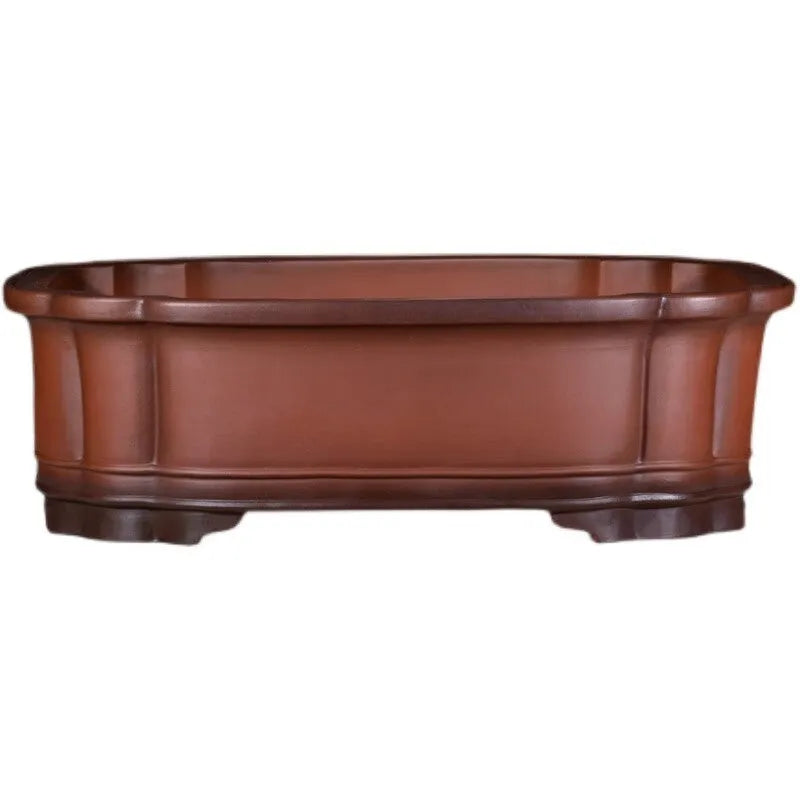 Large antique-style rectangular purple clay flower pot with Chinese design elements.
