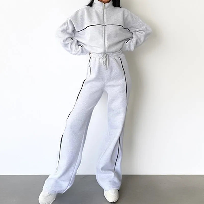 Casual striped suit set with mock neck hoodie and trousers in six colour options