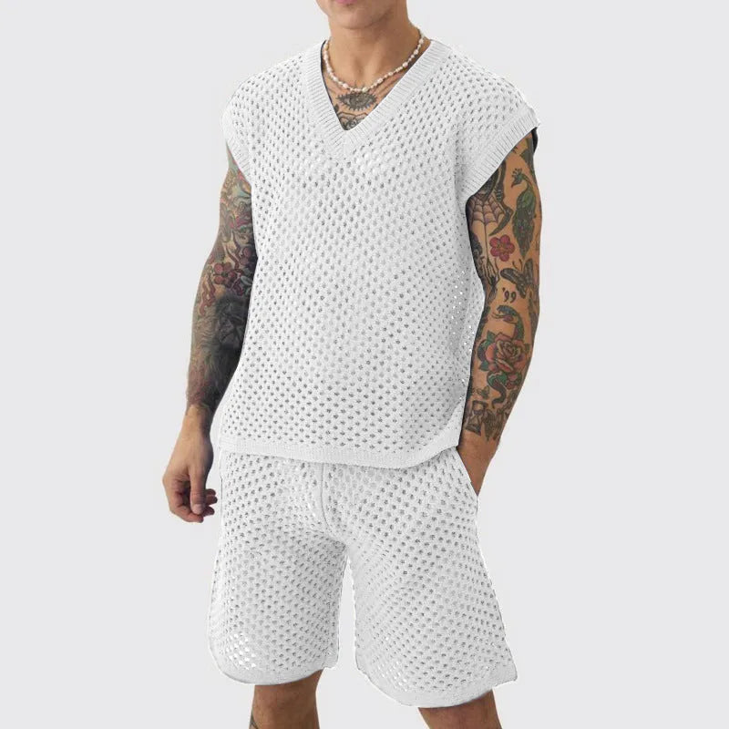 Men's blue knitted V-neck vest and matching shorts laid flat as a summer sports suit.