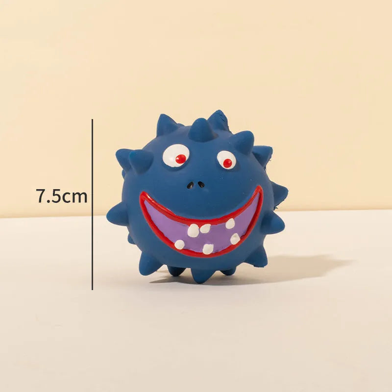 Four colourful natural latex squeaky dog balls with bumpy texture and cute faces