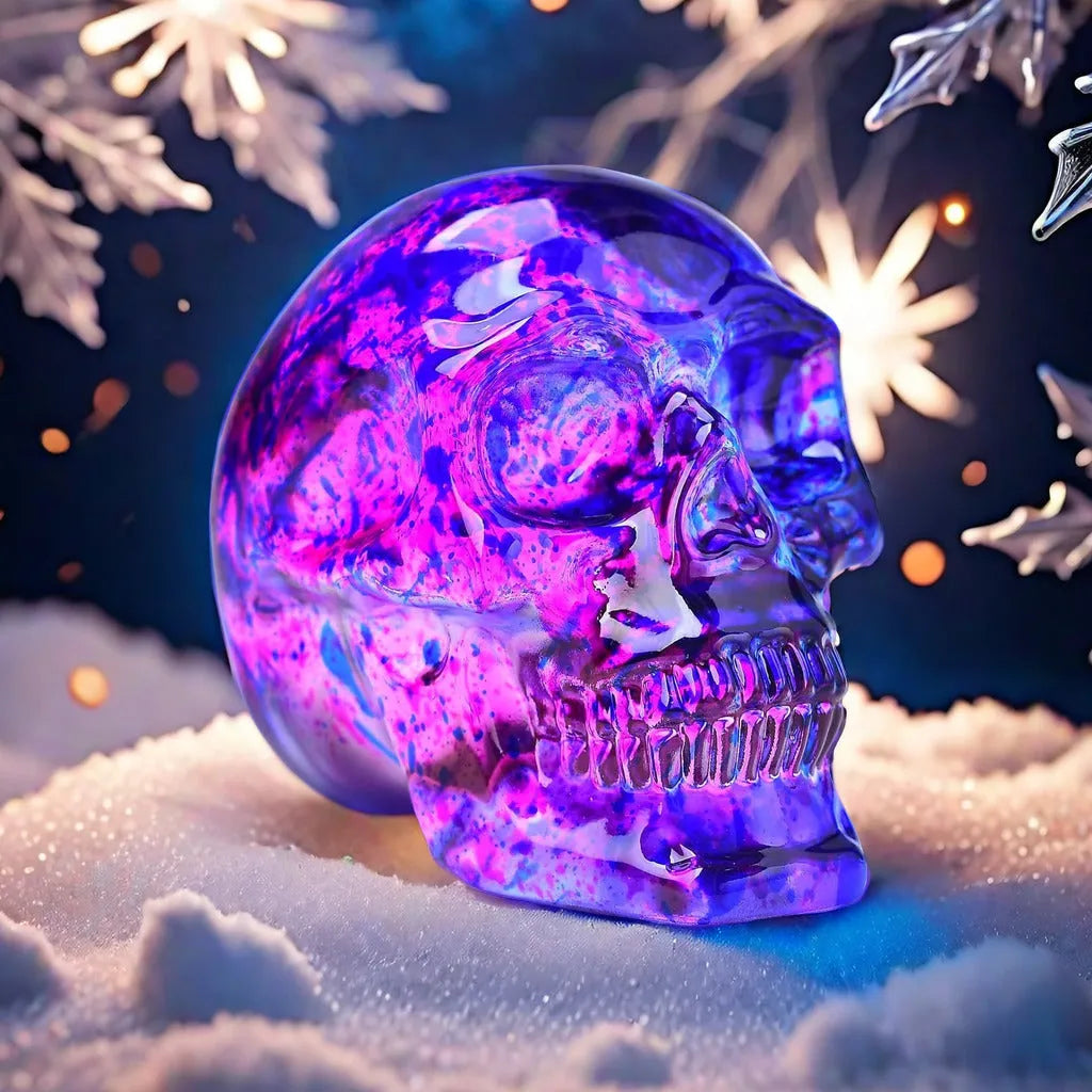 Pink and blue floral glass skull ornament on a shelf for decorative display