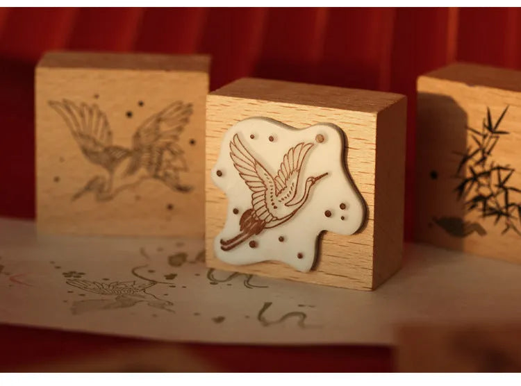 Mr. Paper Wooden Seal Stamp in Crane on the Moon design from the Huahegui series.