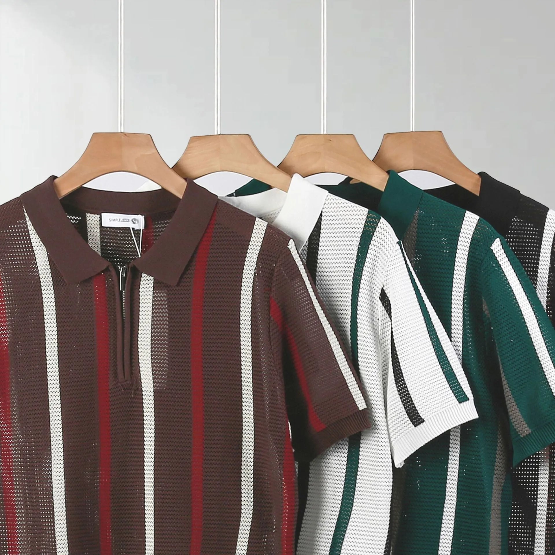 Short-sleeved polo shirt in hollow mesh ice silk fabric with decorative zipper detailing